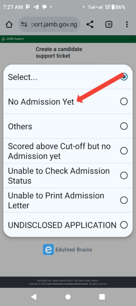 Select "No Admission Yet"